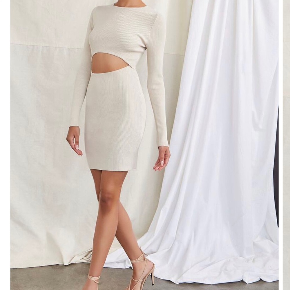 Ribbed Cutout Mini Dress Beige Medium